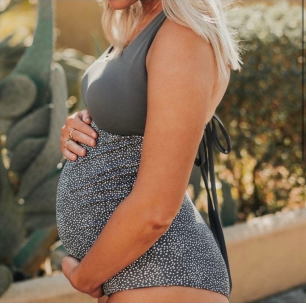 Maternity gray and white polka dot one piece swimsuit.
